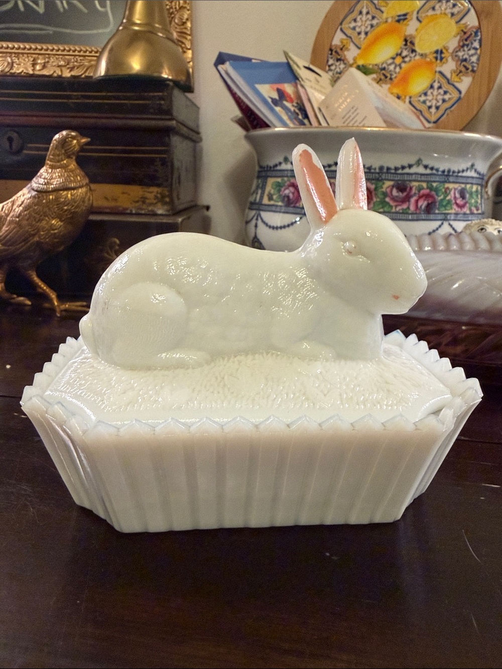 WestMoreland Milk Glass Bunny Covered Dish - White with Pink Ears